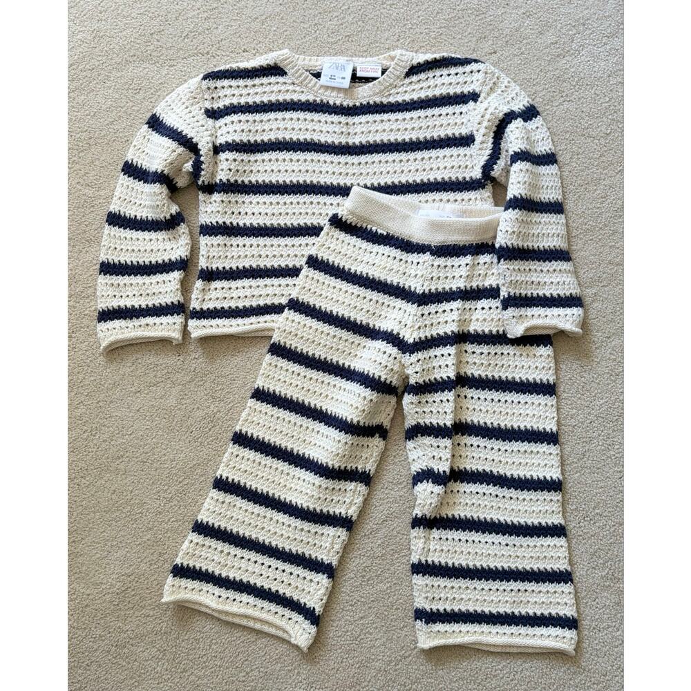 Zara Top Pants Set Crocheted Cream Blue Stripe 100% Cotton Toddler Baby Sz 18-24
